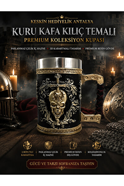 METTREND Gotik Kuru Kafa Tasarımlı Paslanmaz Çelik İç Hazneli Premium Hediyel...