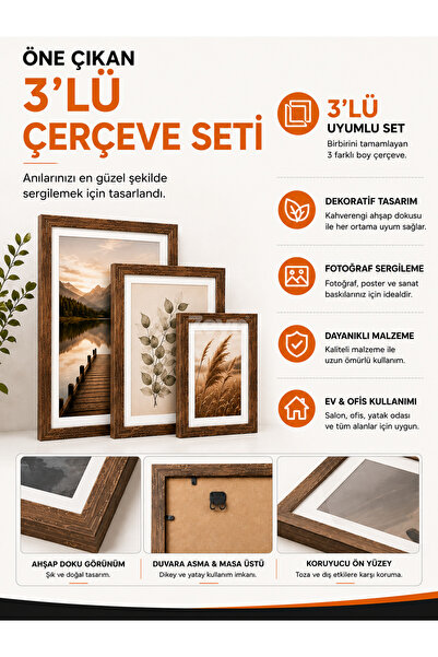 Zeyn Gross Kahverengi 3'lü Resim Çerçevesi Seti | Büyük Orta Küçük Fotoğraf Ç...