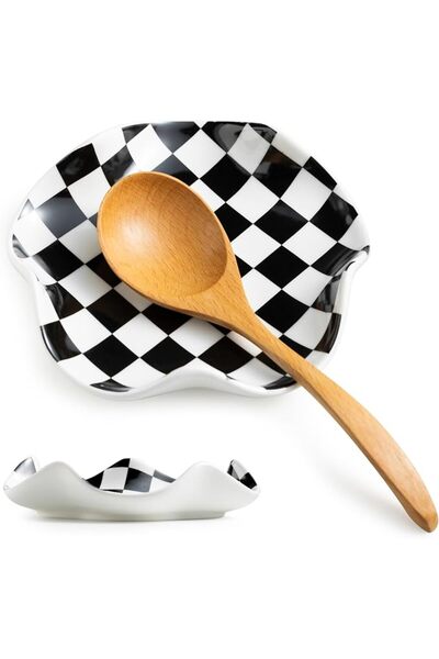 ASKIND Spoon Rest for Stove Top,5.3 Inch Checkered Design Spoon Holder,Cerami...