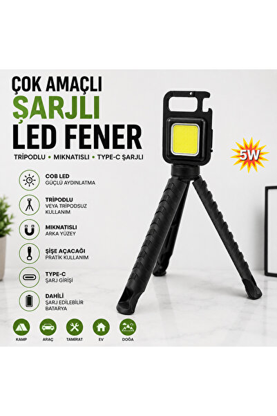 Genel Markalar Şarjlı LED El Feneri 5W COB Mıknatıslı Tripodlu Type-C Kamp Ar...