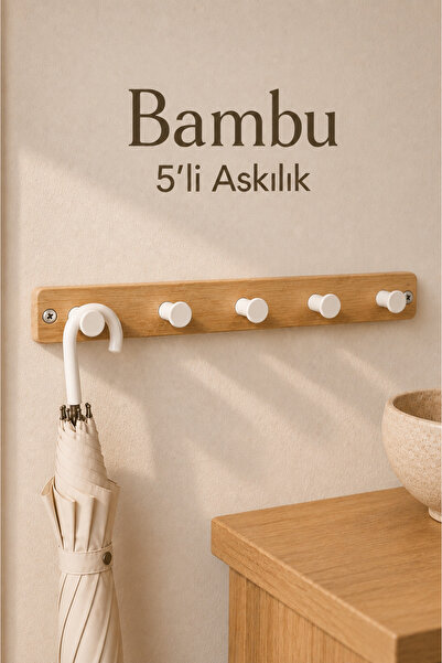 Countra Bambu 5’li Duvar Askılığı Beyaz Kancalı Yapışkanlı ve Vidalı 40 x 5 cm