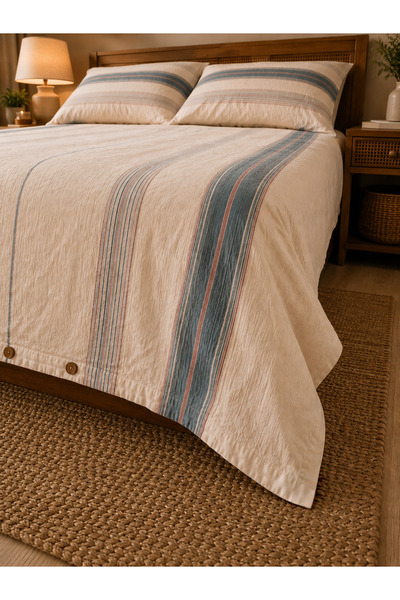 Lorenzella 100% Cotton Muslin Double Duvet Cover Set - Non-Ironing, Anti-Sweat, Striped Bohemian 4-Piece Set