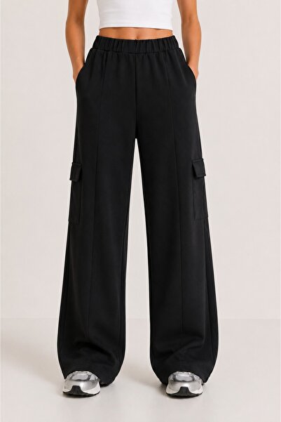 Grenj Fashion Μαύρο υφασμάτινο παντελόνι μοντάλ με φαρδιά μπατζάκια και τσέπε...