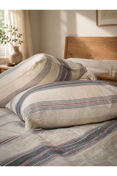 Lorenzella 100% Cotton Muslin Double Duvet Cover Set - Non-Ironing, Anti-Sweat, Striped Bohemian 4-Piece Set