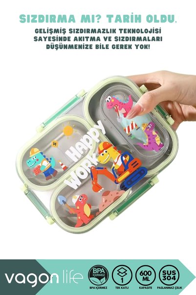 Vagonlife Bento 600ml Yeni Lunchbox Serisi Sevimli Desenli Tek Katlı 2 Bölmeli Sızdırmaz Paslanmaz Çelik Sefer Tası Çocuk Okul Yemek Kutusu Plastik Kaşık Hediyeli BPA Yok Özel Kutulu