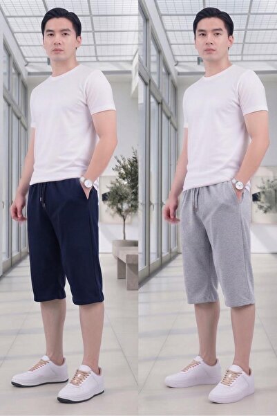 CAST COLLECTİON Men's Navy Blue-Grey 2-Piece Casual Above-Knee Capri Shorts
