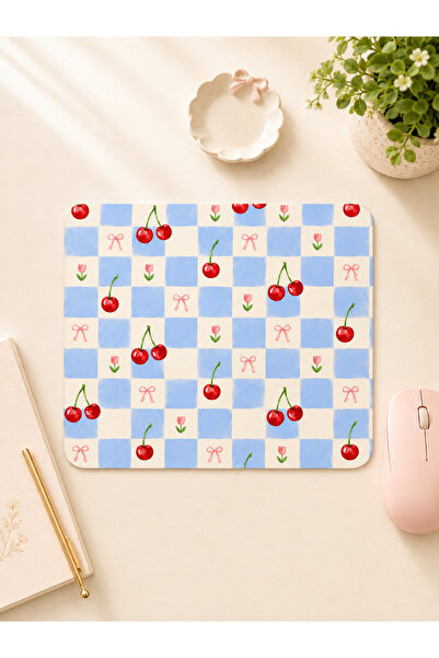 Kiraz Desenli Ekoseli Mavi Mousepad - 19x23 cm, DTF Baskılı Mavi Ekose Tasarım Mousepad