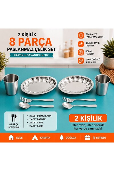Metler Paslanmaz Çelik 2 Kişilik 8 Parça Yemek Seti Tabak Bardak Çatal Kaşık ...
