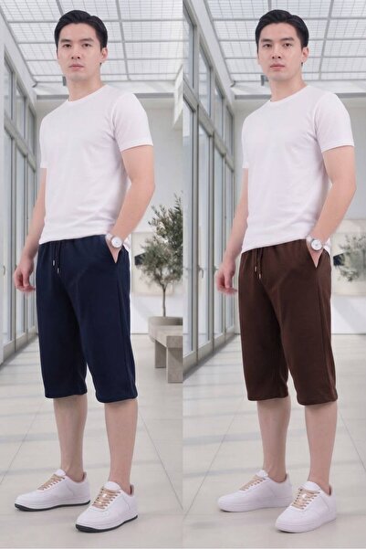 CAST COLLECTİON Men's Navy Blue-Brown 2-Piece Casual Below-Knee Capri Shorts