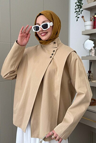 Modaensarbutik Hakim Yaka Düğme Detaylı Reglan Ceket Trençkot-CAMEL