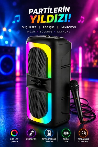 Weskam Bluetooth Hoparlör RGB Işıklı Karaoke Ses Sistemi Kablolu Mikrofonlu T...