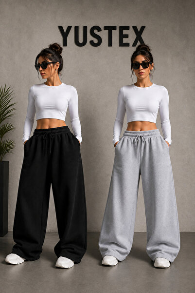 LAUSRA 2-Piece Women's Wide-Leg Sweatpants Set (Black and Gray) Oversized Com...