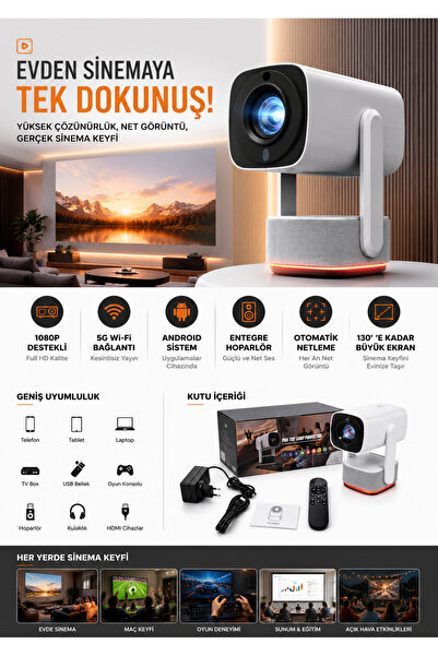 Sidox Projeksiyon Cihazı 4K Taşınabilir Bataryalı HD Wifi Bluetooth Ps Telefo...