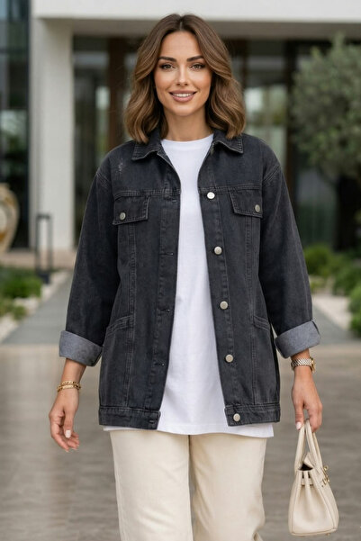 Hb Harma Time Butik Women's Buttoned Pocket Detailed Denim Black Jacket