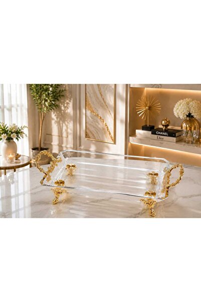 Buldem Glass Presentation Decorative Serving Tray with Gold Feet and Handles