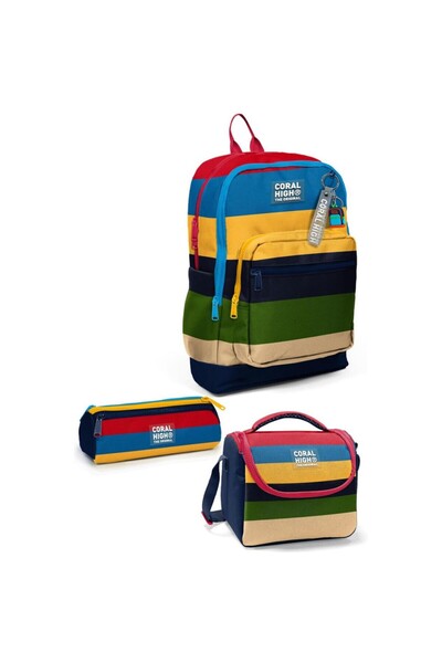 Coral High Navy Blue Yellow Red Stripe Patterned 3-Piece School Bag Set 33212