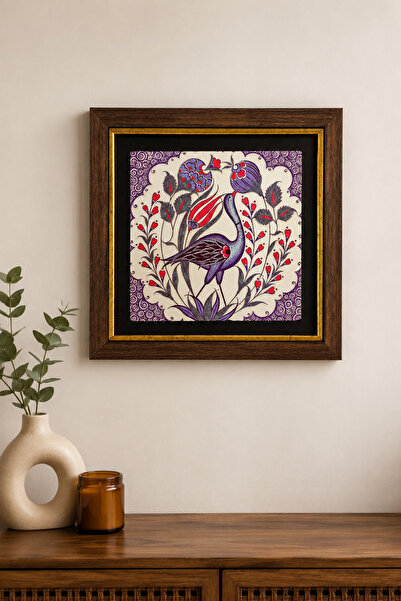 MARSWOODART Çini Desenli Kuş Motifli Çerçeveli Doğal Taş Tablo 30x30