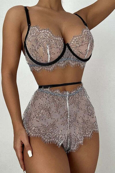 Trendyup Lenjerie sexy femei, set 2 piese, sutien, chilot culotte cu talie înaltă, Exotic Night, Gri