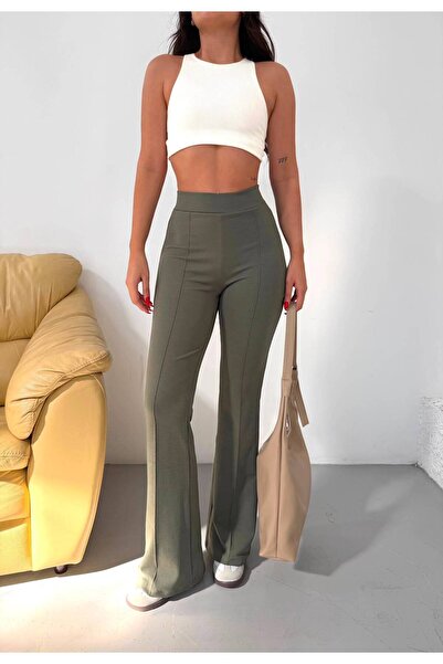 NEW JOURNAL Women's Khaki Crepe Front Stitched High Waist Spanish Flare Pants...