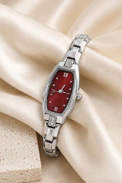 GANYMET Burgundy Dial Silver Color Stone Detailed Roman Numeral Fine Metal Ba...