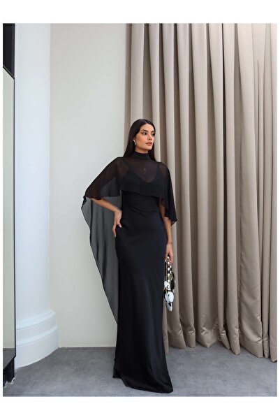 ESRAHELVACI Maxi Satin Dress with Tulle Cape