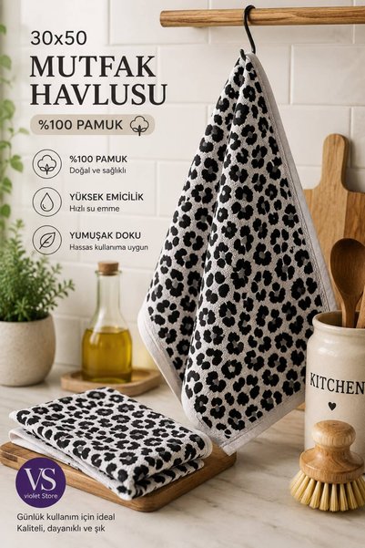 violet storee Set of 6 30X50 cm 100% Cotton Kitchen Towels and Hand Towels in Mixed Colors - Soft, Absorbent - Leopard Pattern