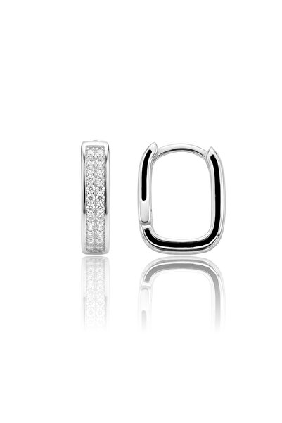 Söğütlü Silver 925 Ayar Gümüş Küpe Modern Taşlı Dikdörtgen U Halka Küpe - Köşeli Zirkon Taşlı Küpe SGTL13485RODAJ