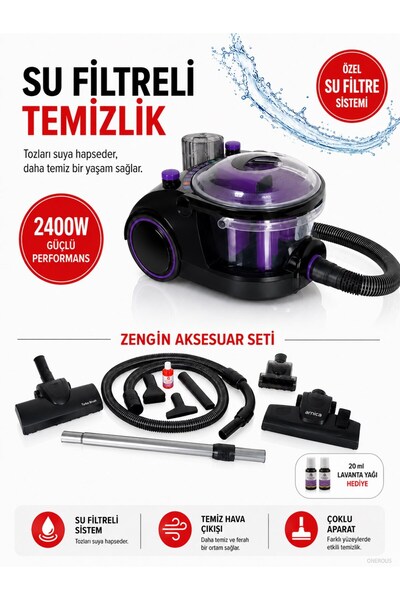 Arnica 2400 W Güçlü Motorlu Su Filtreli Elektrikli Süpürge, HEPA 13 Filtre, T...
