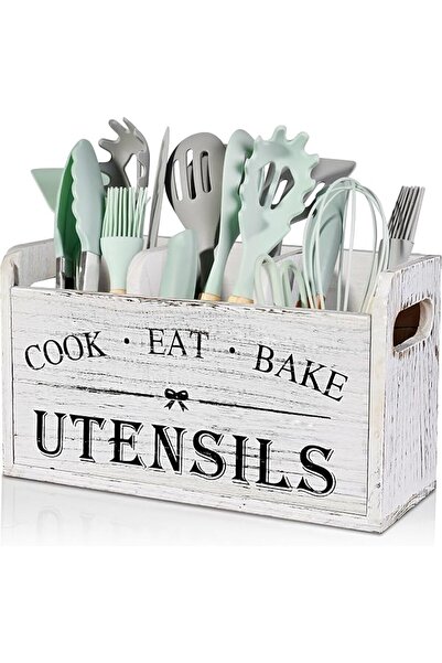 GENERAL Extra Large Kitchen Utensil Holder with 3 Storage Spaces (White Granu...