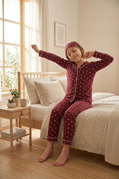 AHENGİM Set de pijamale din bumbac cu model inimă în dungi și buline pentru f...