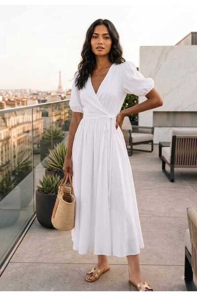 ALANOVA FASHION KADIN KRUVAZE KAPAMALI BELİ BÜZGÜLÜ BALON KOL UZUN MÜSLİN ELBİSE