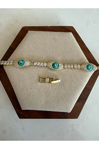 My Joyas Design 14K Altın Kaplama Firuze Taşlı Badem Göz Su Yolu Bileklik 17+2cm