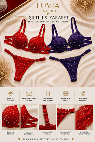 Luvia Lingerie Kadın 2 Renk Seçenekli Taşlı Dantelli Destekli Sütyen Tanga iç...