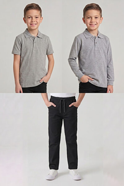 nacar çarşı Boys' School Gray Long and Short Sleeve Polo Collar T-Shirt Black...