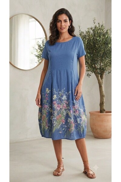 Park Moda Floral Patterned Dress with Rubber Detail on the Sides (Fits up to ...