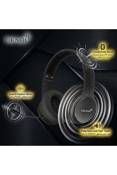 Tiknal سماعات رأس TK-H121، سماعة ألعاب لاسلكية بتقنية بلوتوث 6.0 مع ميكروفون، ومشغلات صوت ستيريو 40 ملم، وبطارية تدوم حتى 40 ساعة - أسود