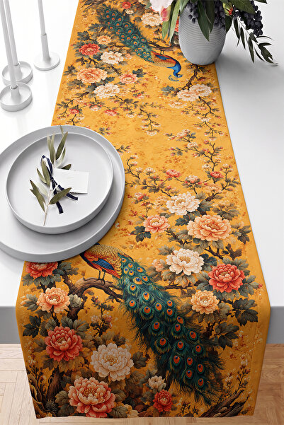 Realhomes Peacock and Flower Patterned 40X140Cm Digital Printed Runner Decora...