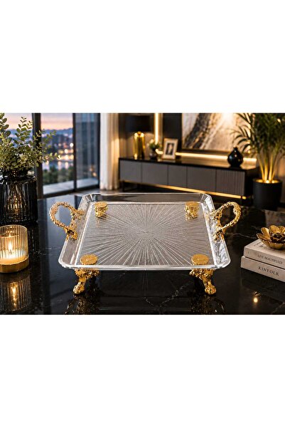 Buldem Square Glass Presentation Tray with Gold Feet and Handles – Stylish De...