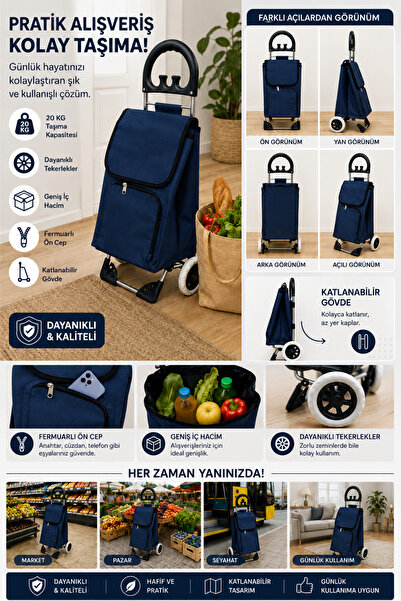 General Store Katlanabilir Pazar Arabası - Tekerlekli Alışveriş Çantası – Fer...