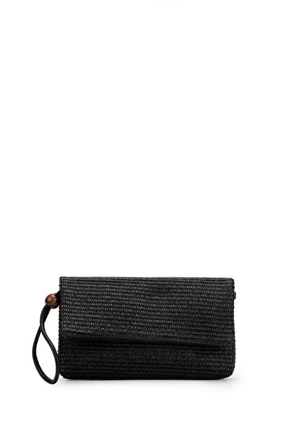 minebag Wooden Bead Detailed Portfolio Women's Crossbody Bag Nila Wicker Black
