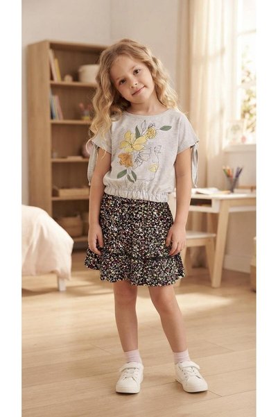 Sinem Çeyiz Cıvıltı 2182 Gray Black Floral Ruffle Skirt T-Shirt Set