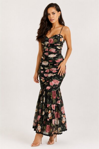 CARLA MARA Women's Floral Patterned Drawstring Strap Long Dress – Black