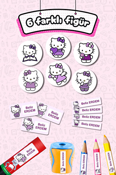 Sticker Ekspres Okul Etiketi Lila Hello Kitty Kalem Defter Etiketi Özel İsim Yazılabilen Etiket 245 Adet İsim Etiketi