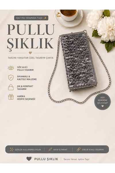 Gri Payetli Cep Telefon Çantası