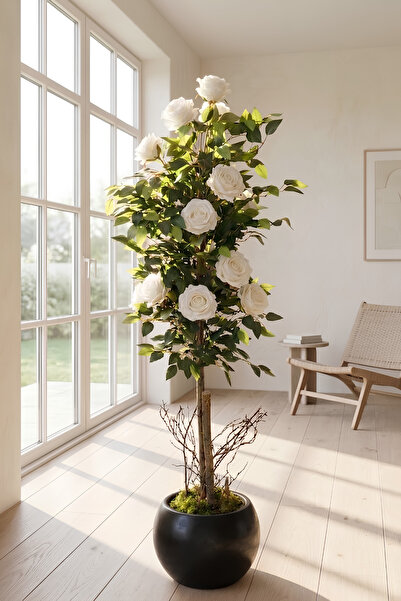 Cihan Çiçekçilik Yapay 10 Güllü Beyaz Gül Ağacı 150 cm 27x33 Siyah Küre Saksılı