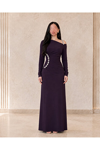 Sondos Fashion فستان نسائي بنفسجي غامق ون شولدر بتفاصيل كريستال