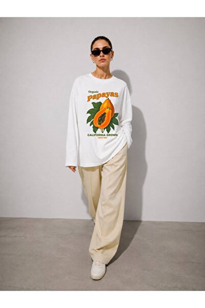 Hira Online White Papaya Printed Long Sleeve T-Shirt Suitable for Hijab