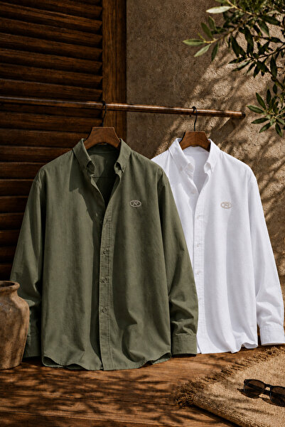 Respire Men's Muslin Oversize Shirt Set of 2 Dark Khaki-White