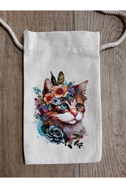 BİLGENS BUTİK Cotton Raw Fabric Cat Figured Mobile Phone Bag