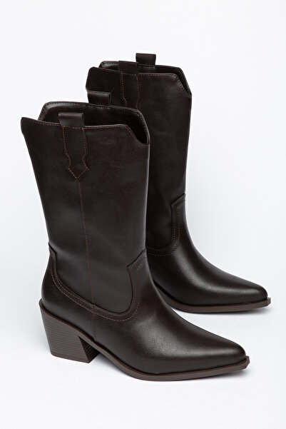 Generic Brand Brown Leather Western Cowboy Brown Sole Mid-Height Boots